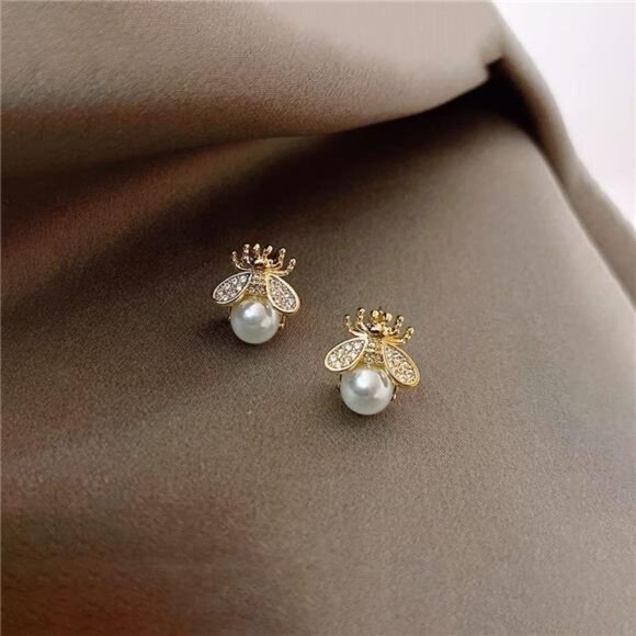 Bumble Bee Stud Earrings for Women | Pearl & Crystal Honey Bee Earrings | Cute - Picture 5 of 7